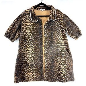 Leopard Print Puff Sleeve Button Front Shacket Dress Y2K Cottagecore Rockabilly